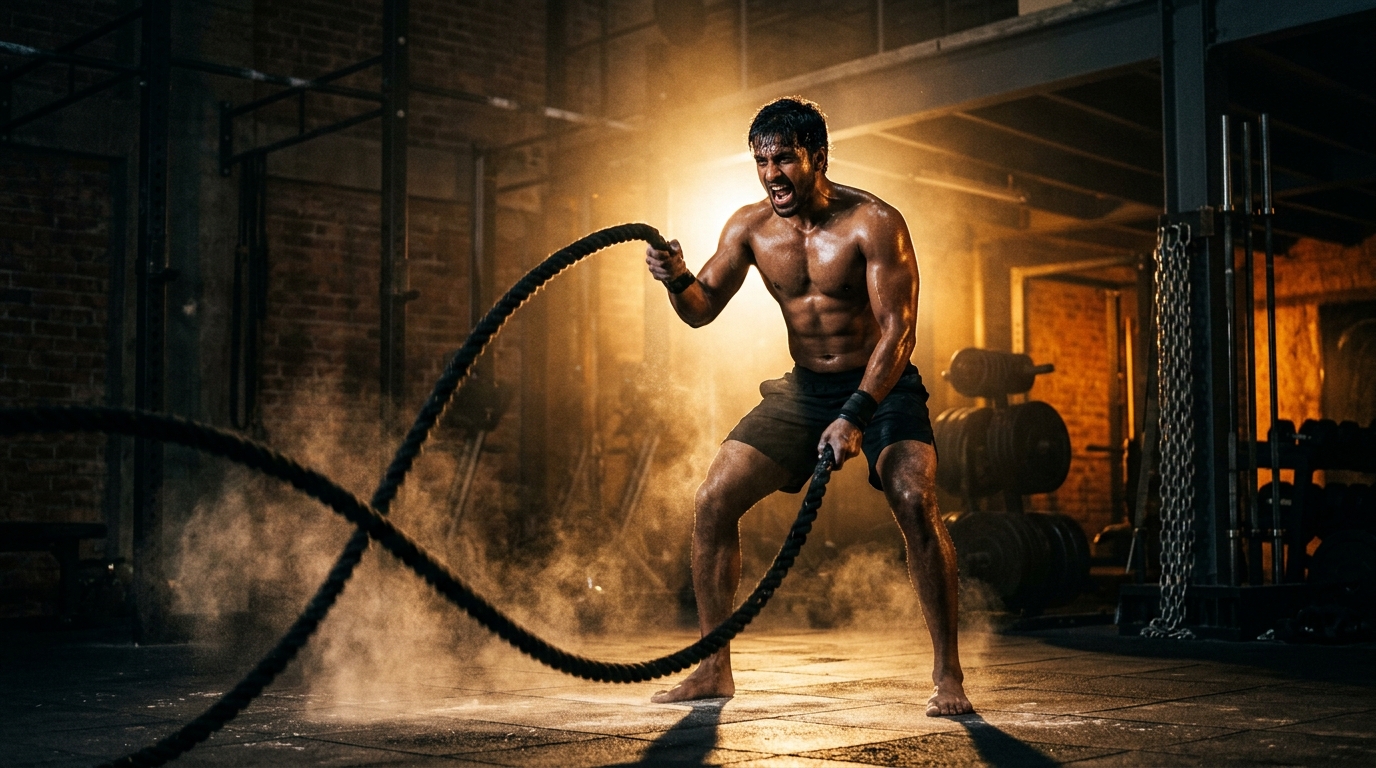 Athlete training with battle ropes at IronHub