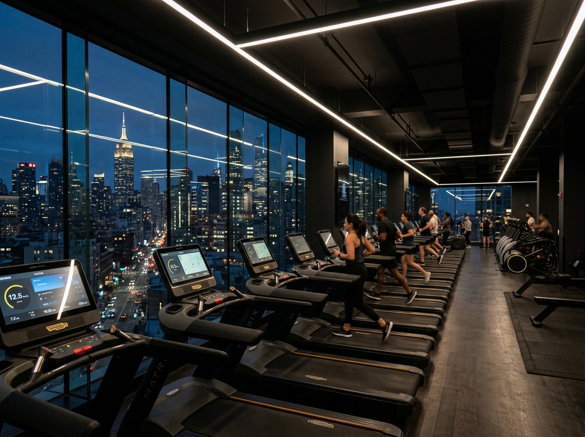 Cardio zone with panoramic city skyline views