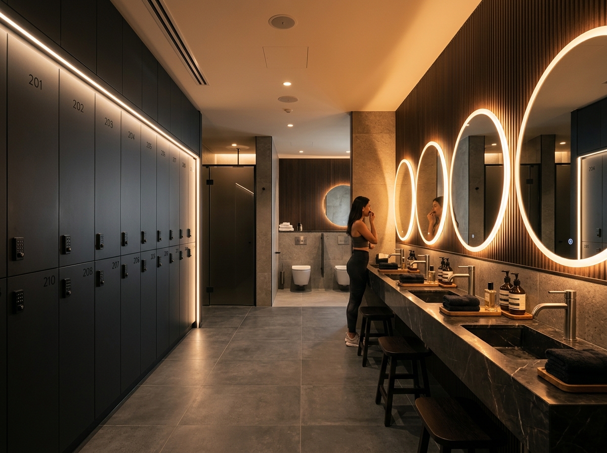 Luxury spa locker room and showers with circular mirrors