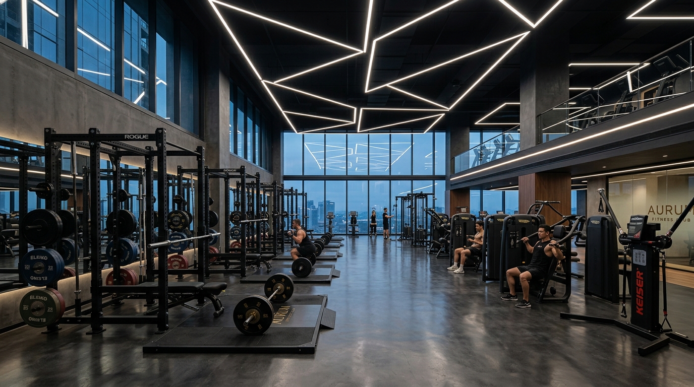World class spacious gym floor with matte black squat racks and barbells
