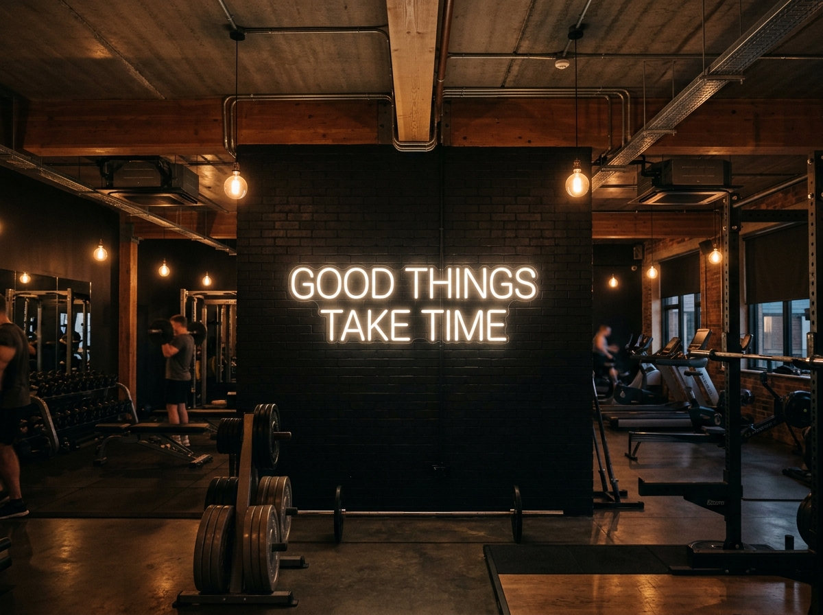 Motivational gym wall saying Good Things Take Time