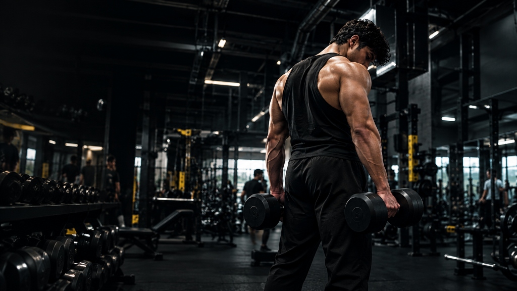 Elite bodybuilder lifting heavy dumbbells in dark premium IronHub gym setting